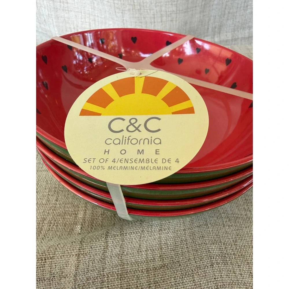 C&C California Home Melamine Bowls Set of 4 Red Green New Watermelon Hearts
